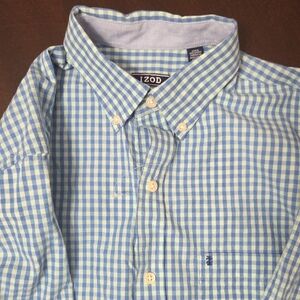 Izod Men's Light Blue and White Gingham Shirt